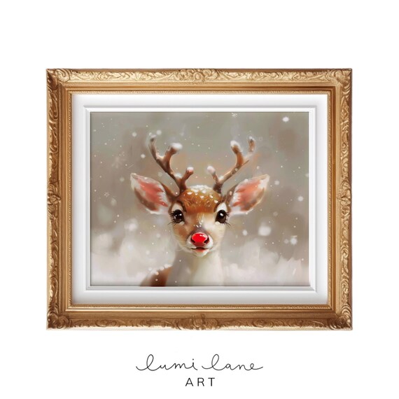 Reindeer Christmas Art Print, Festive Deer Portrait
