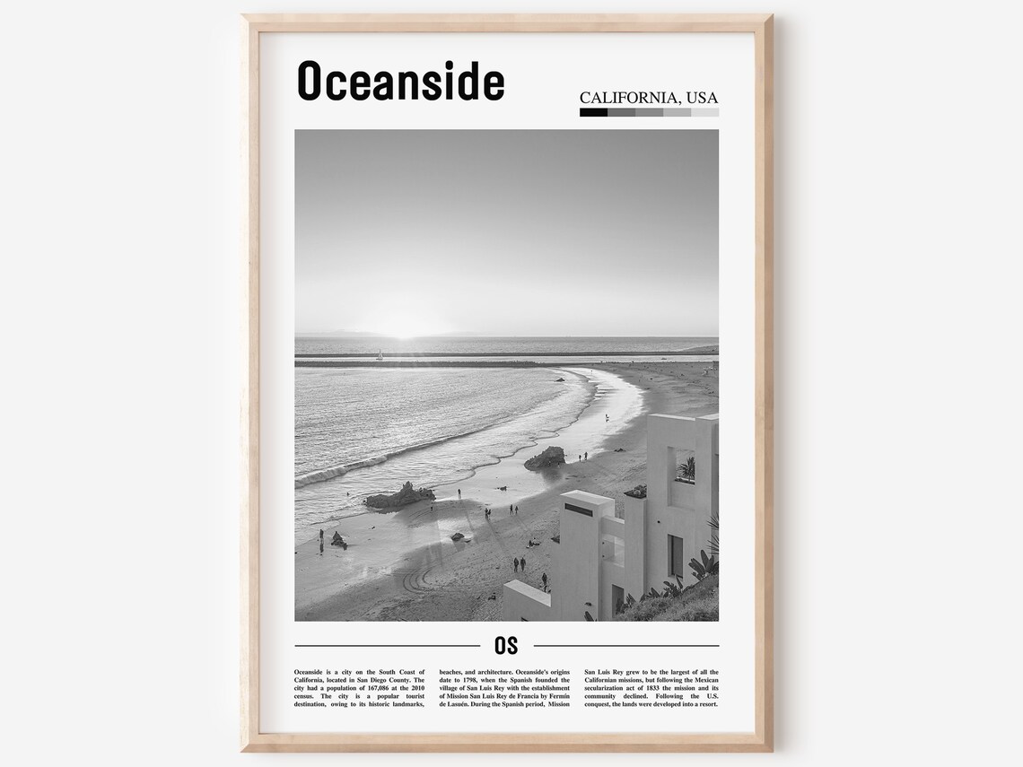 Oceanside Print Black And White Oceanside Poster Oceanside Wall Art Travel Poster City Artwork Travel Artwork Travel Art City Art Print