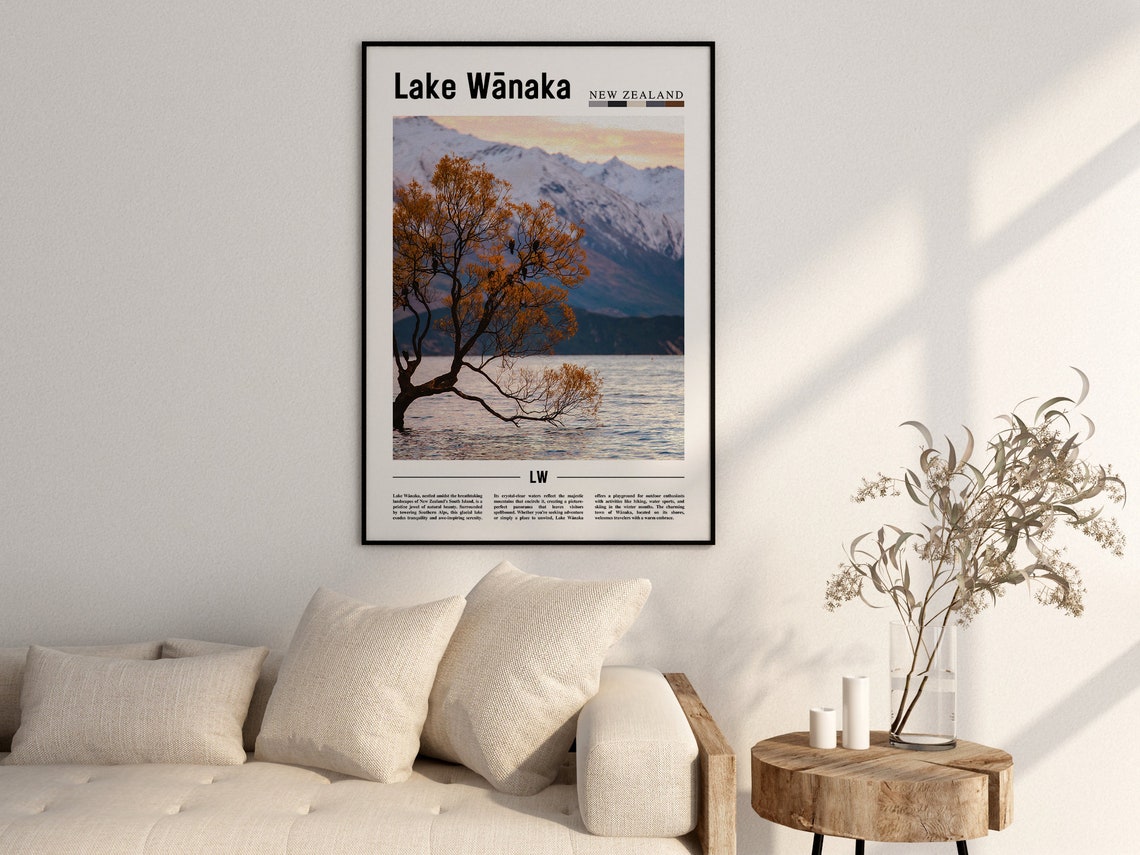 Lake Wnaka Poster Lake Wnaka Print Lake Wnaka Wall Art Minimal Travel Print Travel Destination Oil Painting Poster - Image 2