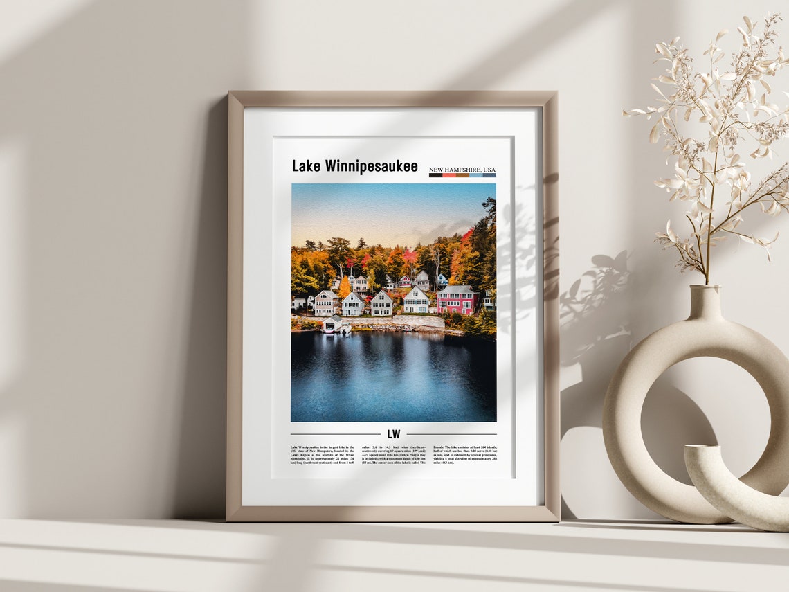 Lake Winnipesaukee Poster Lake Winnipesaukee Print Lake Winnipesaukee Wall Art Minimal Travel Print Oil Painting Poster - Image 2