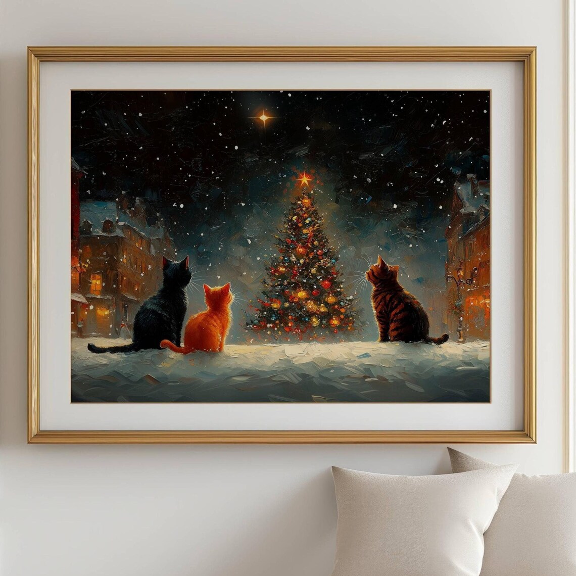 Cats And Christmas Tree, Impressionist Holiday Art Print