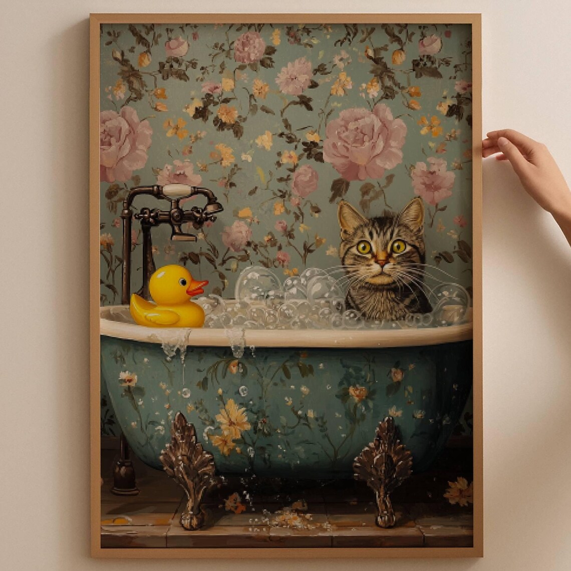 Gray Tabby Cat With Rubber Duck Bathroom Art Print