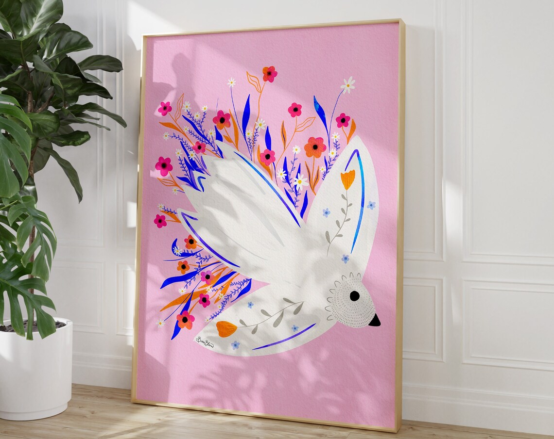 Pink Seagull Bird Wall Art, Boho Poster Print