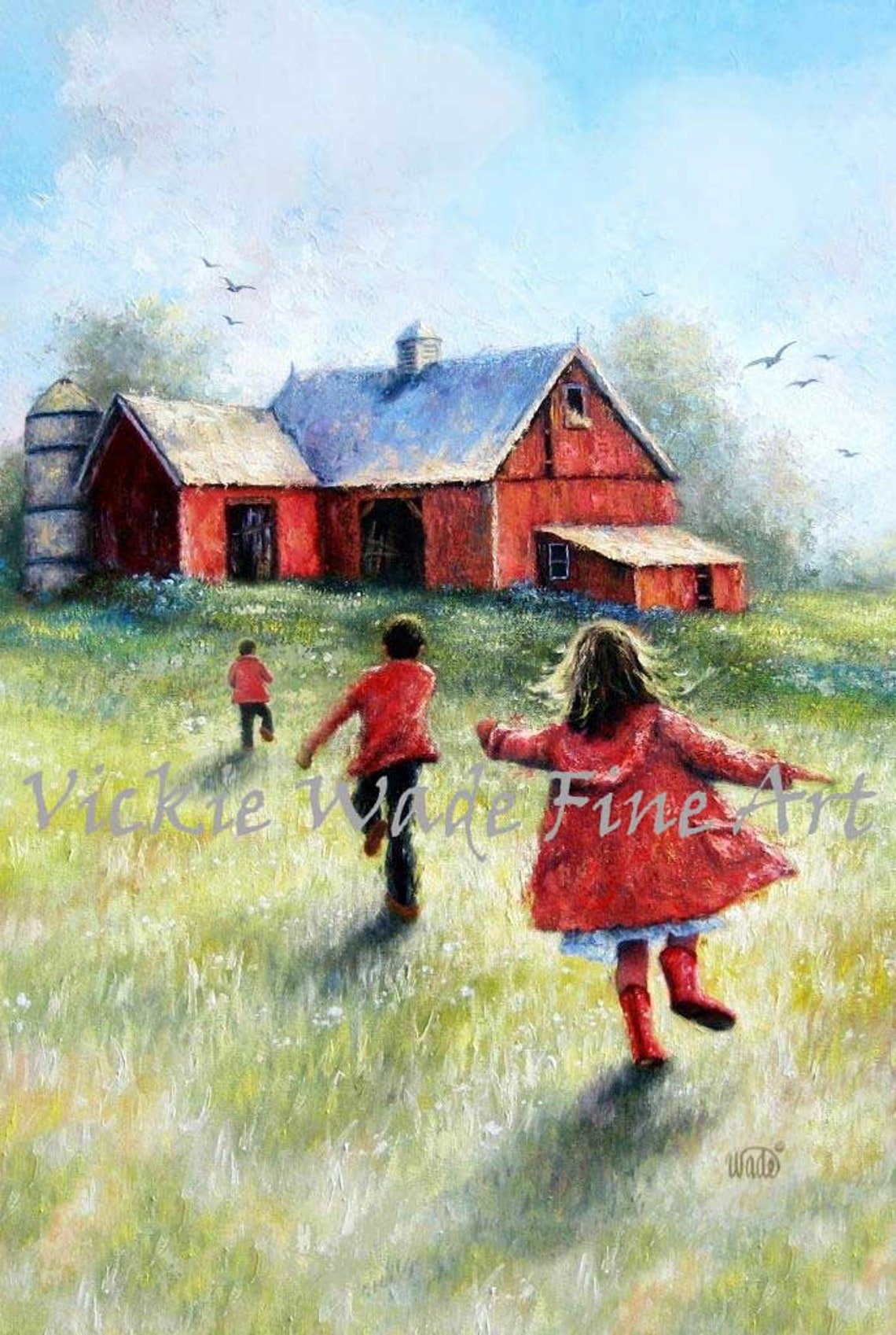 Three Happy Children in Red Coats Running to the Red Barn Poster