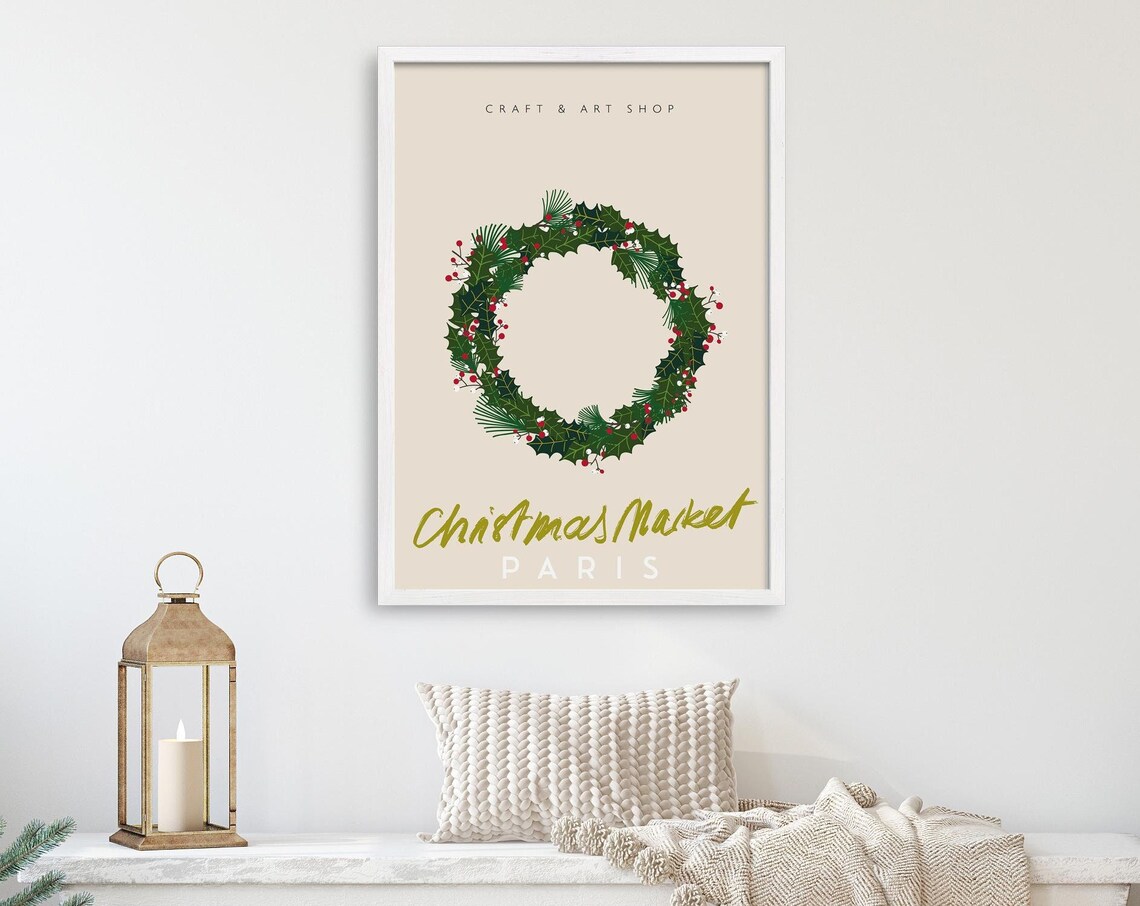 Paris Christmas Market Holly Wreath Botanical Vintage Travel Poster