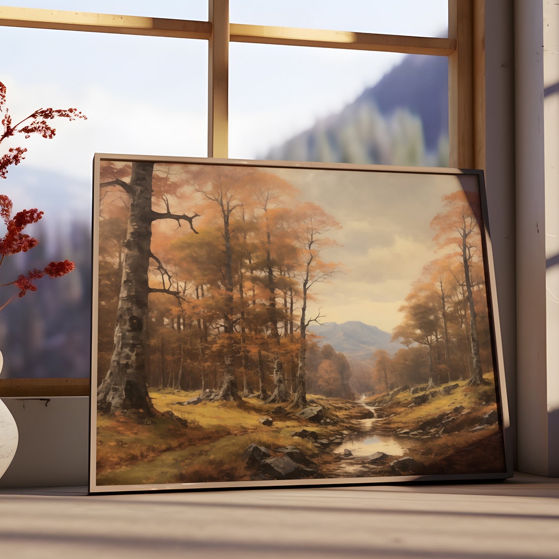 Autumn Birch Forest Stream Golden Fall Landscape Serene Poster - Image 3