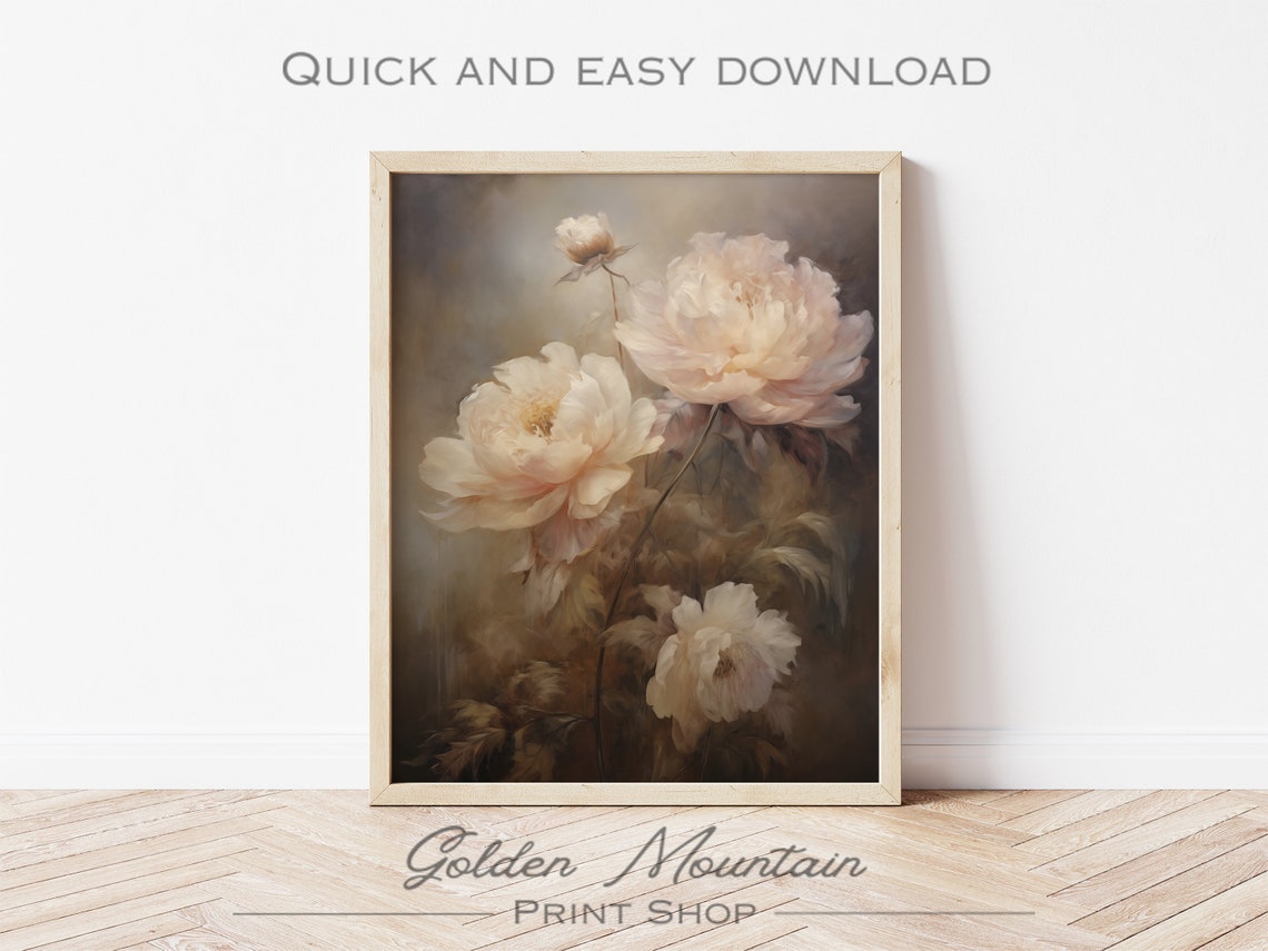 Blush Peony Blooms Dark Academia Neutral Floral Oil Painting Print - Image 2
