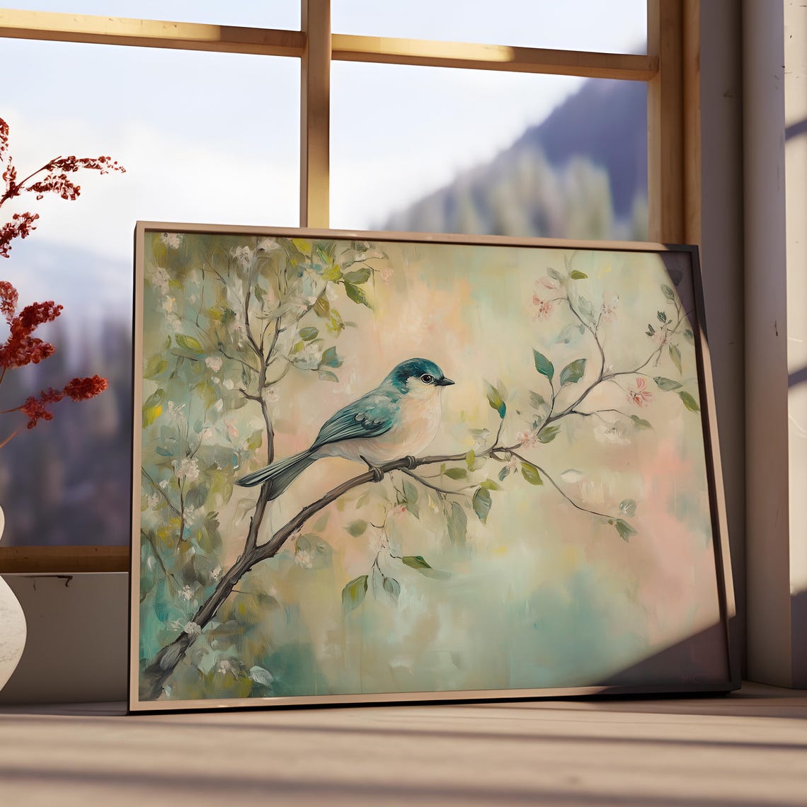 Blue Songbird Perched On Flowering Branch Teal Pastel Spring Poster - Image 3