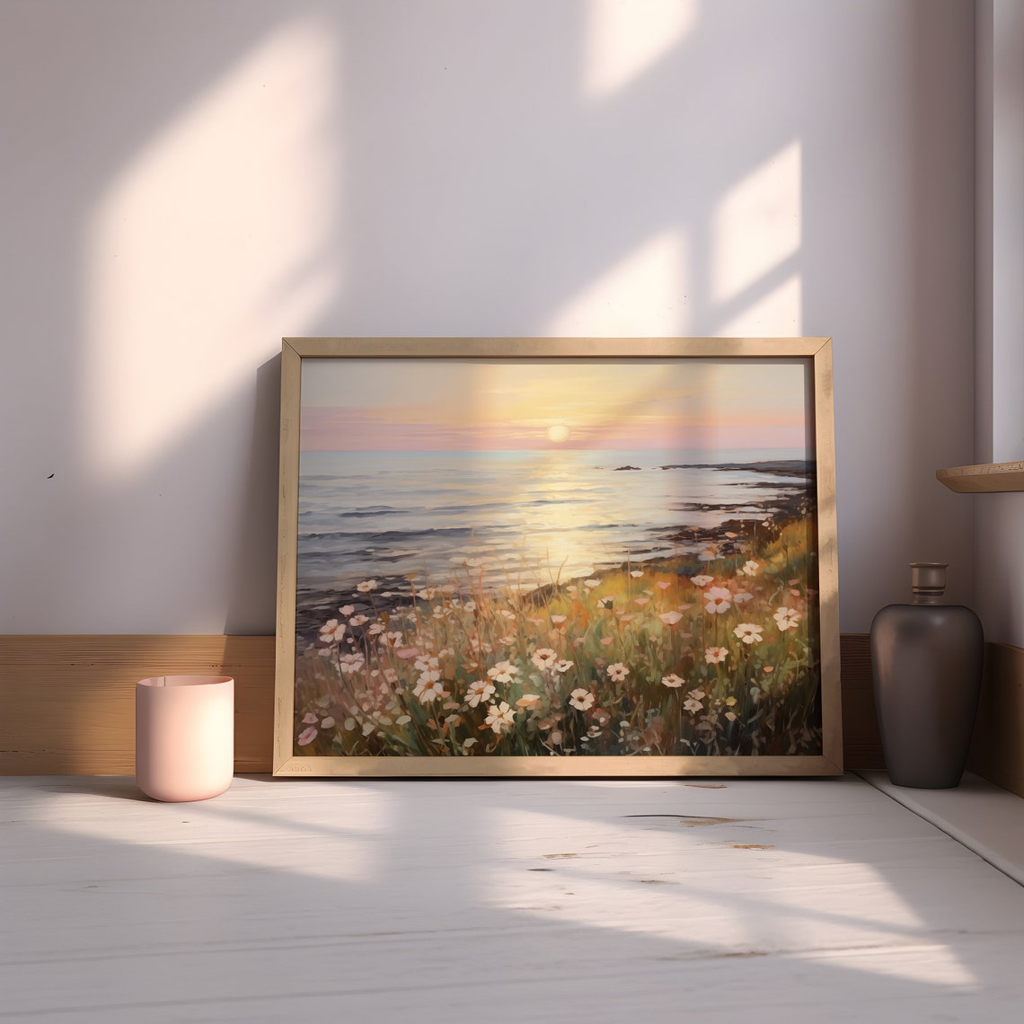 Cottagecore Summer Sunset Sea Wall Art Farmhouse Sunrise Flower Print Vintage Beach Floral Print Wildflower Field Painting - Image 2