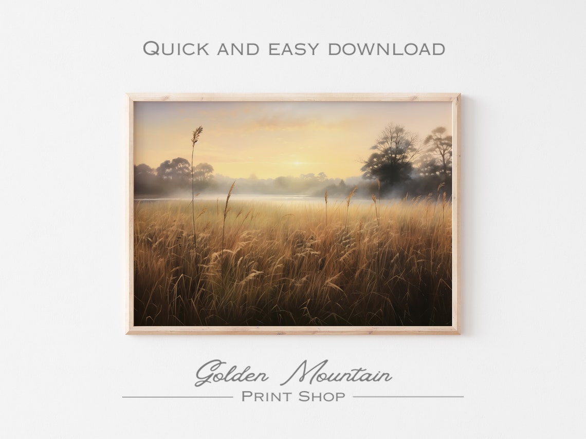 Golden Wheat Field Misty Sunrise Autumn Landscape Painting Poster - Image 3