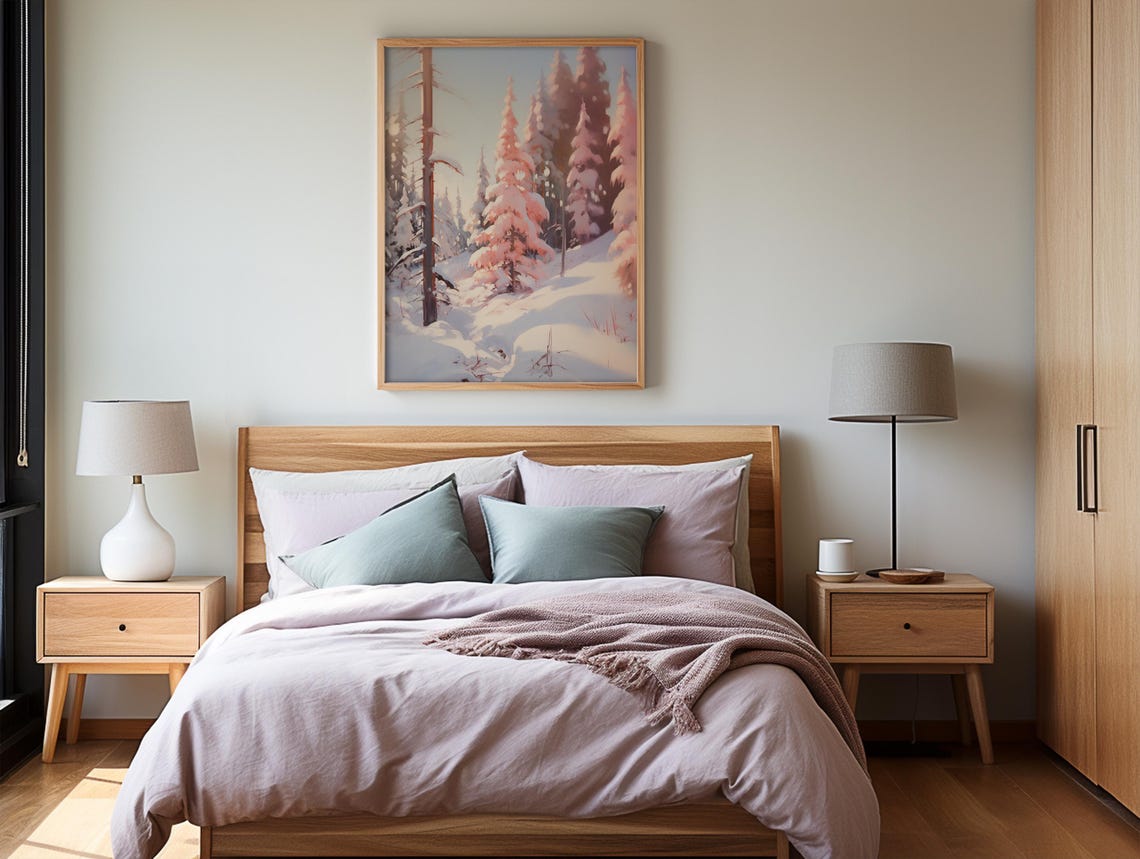 Pink Snowy Pine Forest At Dawn Winter Sunrise Impressionist Wall Art - Image 2
