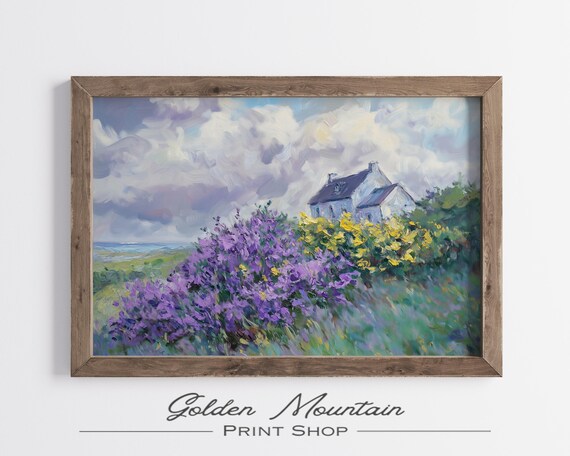 Seaside Cottage Purple Heather Flower Ocean Breeze Vintage Poster