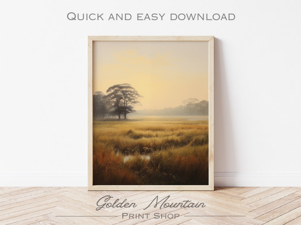 Misty Dawn Meadow Golden Trees Serene Landscape Painting Wall Art - Image 3