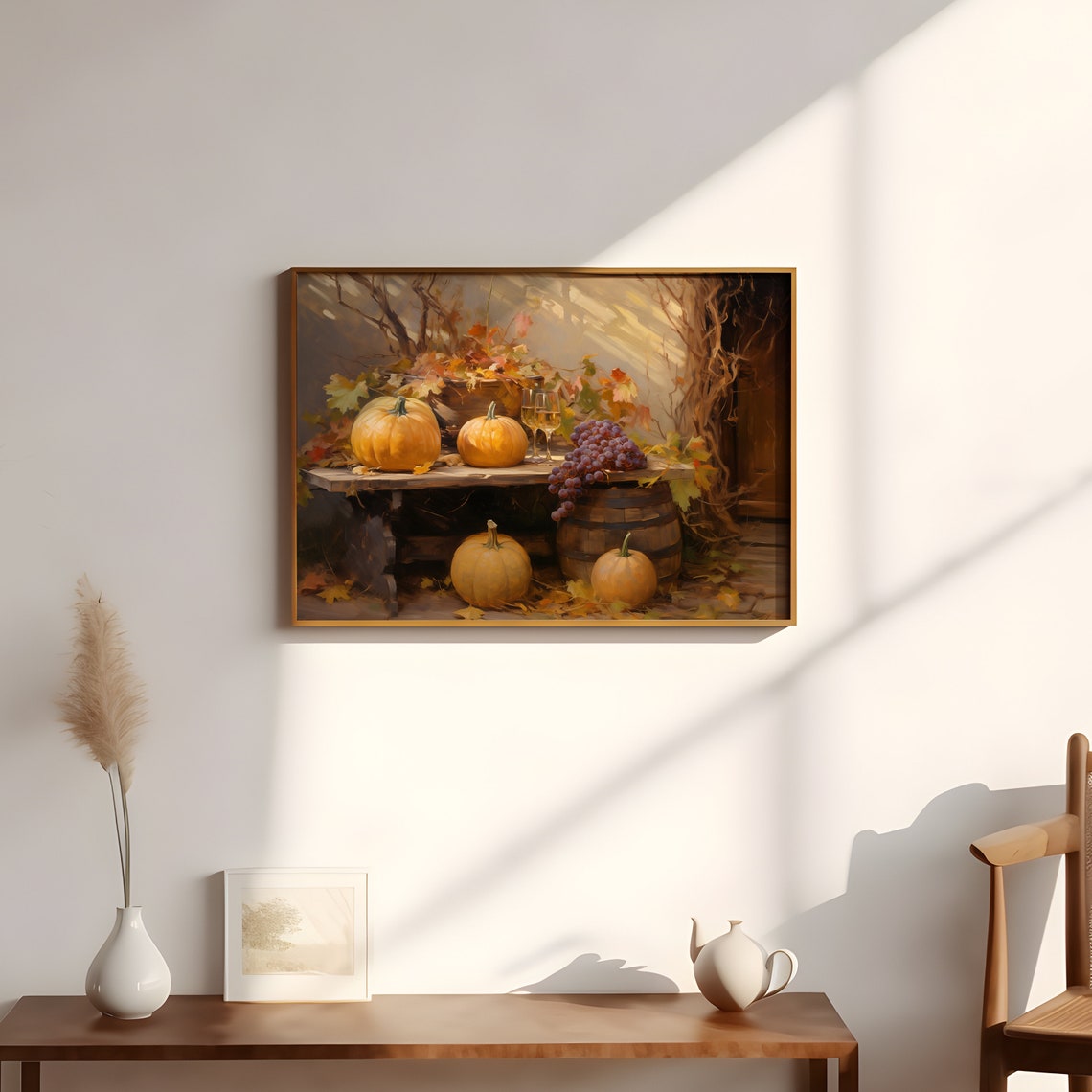 Autumn Harvest Pumpkins Grapes Wine Rustic Still Life Wall Art - Image 3