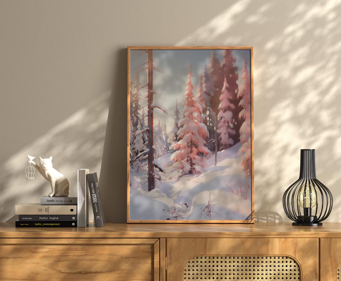 Pink Snowy Pine Forest At Dawn Winter Sunrise Impressionist Wall Art - Image 3