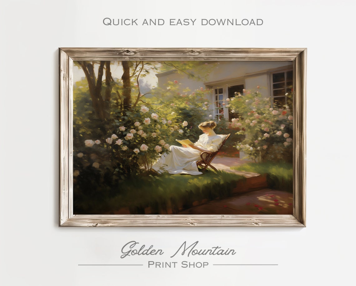 Woman Reading in a Rose Garden Vintage Style Romantic Art Poster - Image 3