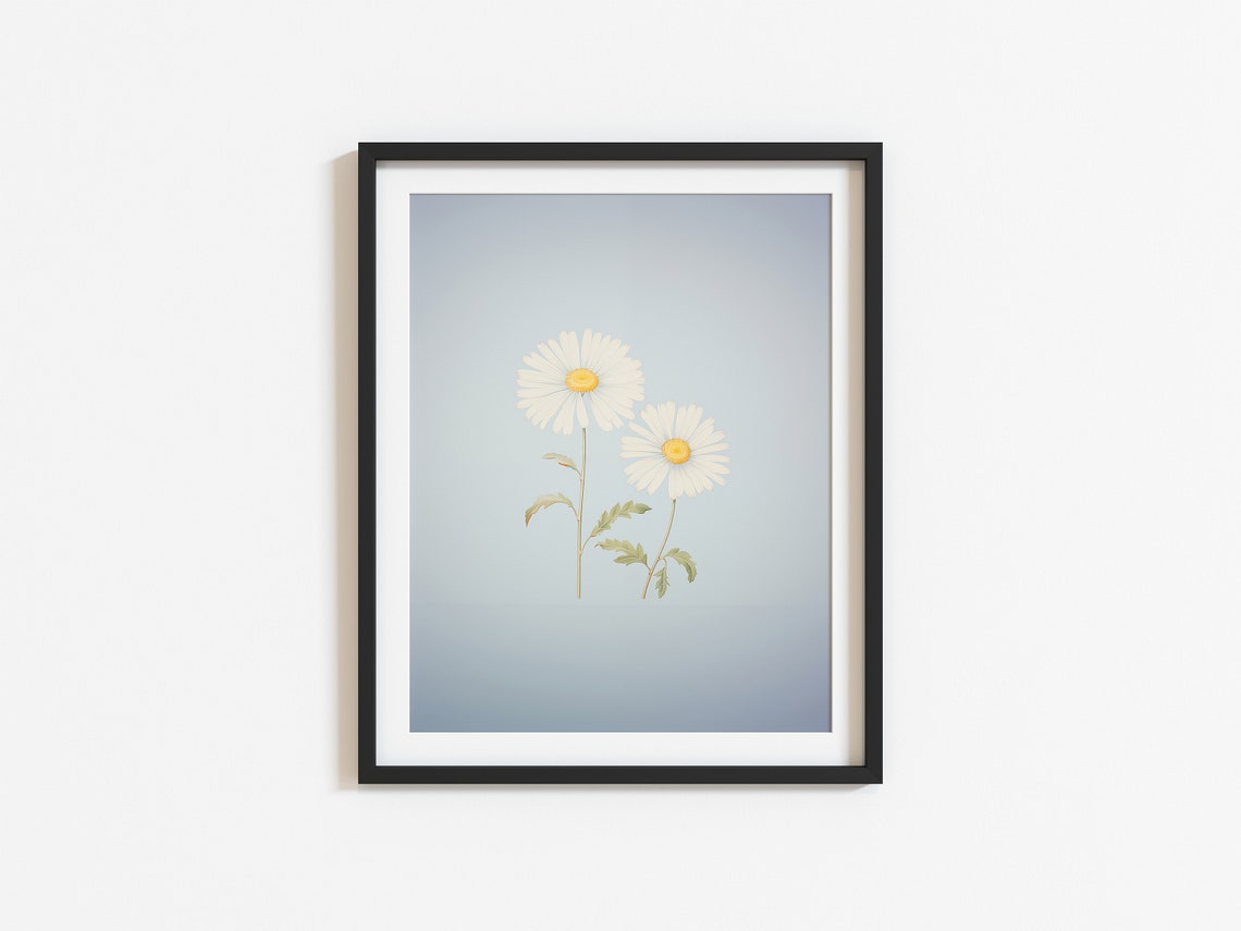 Minimalist White Daisy Botanical Watercolor On Soft Blue Poster - Image 2
