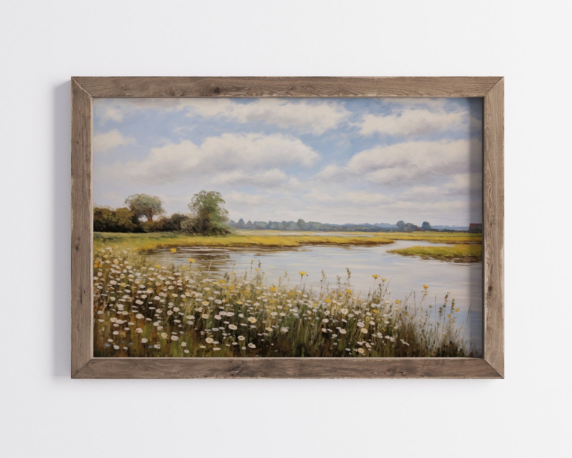 Yellow Wildflowers By River Marsh Under Big Cloudy Sky Poster - Image 2