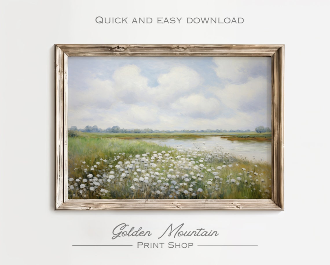 White Wildflowers Along Calm River Under Wide Cloudy Sky Poster - Image 3