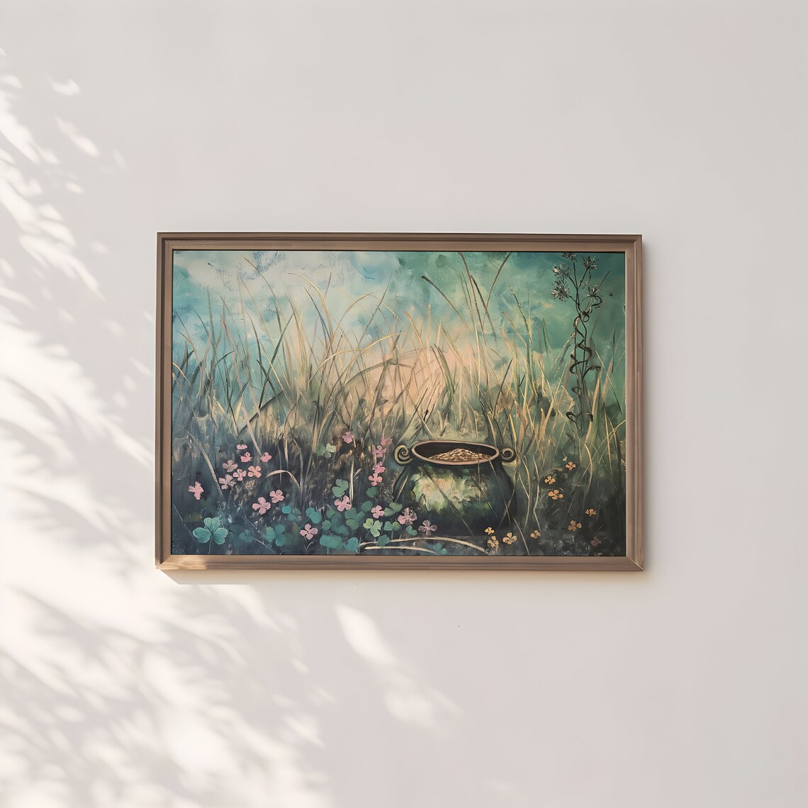 Leprechaun Pot of Gold in Tall Grass with Shamrocks Saint Patrick's Poster - Image 2