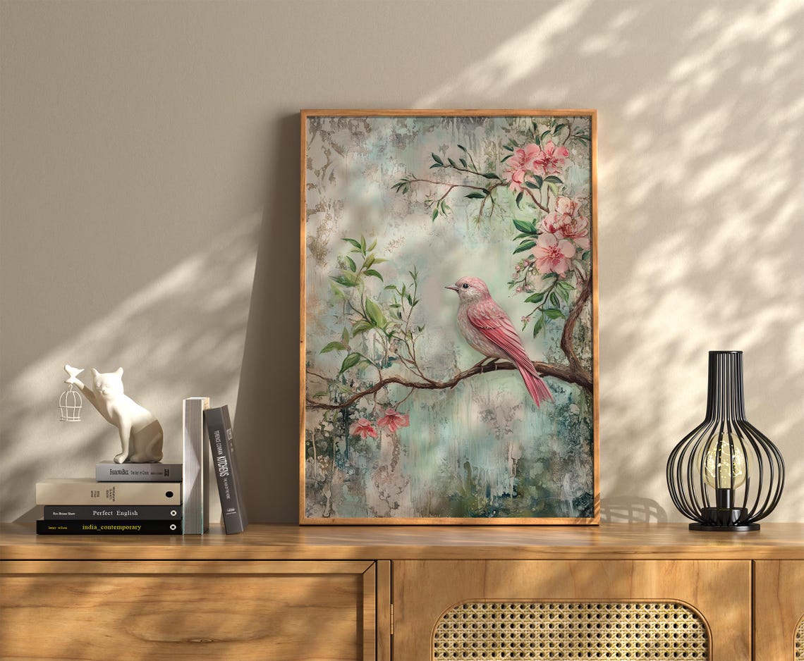 Pink Songbird Perched On Cherry Blossom Branch Soft Vintage Poster - Image 3