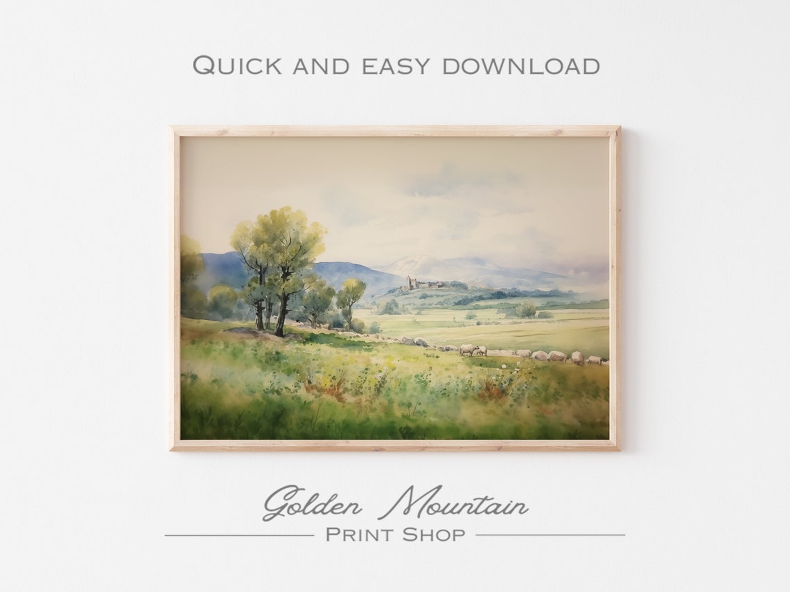 Sheep Grazing in Green Pasture with Distant Castle Watercolor Poster - Image 3