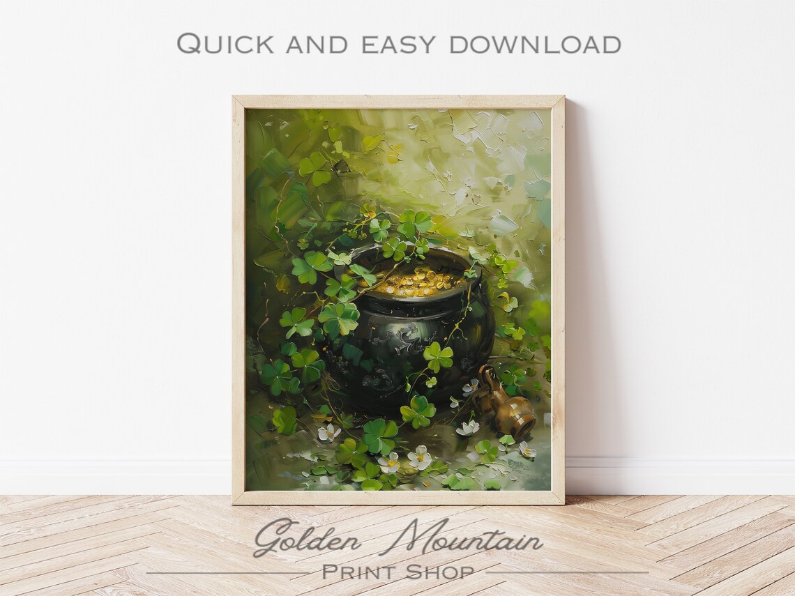 Pot of Gold Coins Black Cauldron Shamrocks St Patricks Day Poster - Image 2