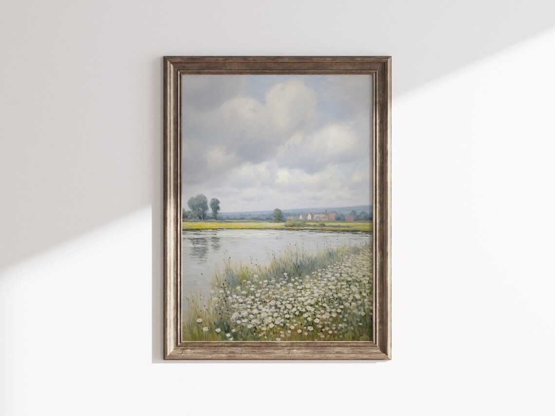 River Meadow With White Wildflowers Under Cloudy Sky Neutral Landscape Poster - Image 2
