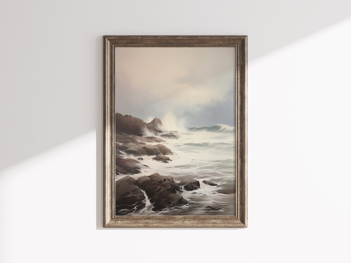 Misty Ocean Waves Crashing On Rocky Shore Moody Seascape Wall Art - Image 3