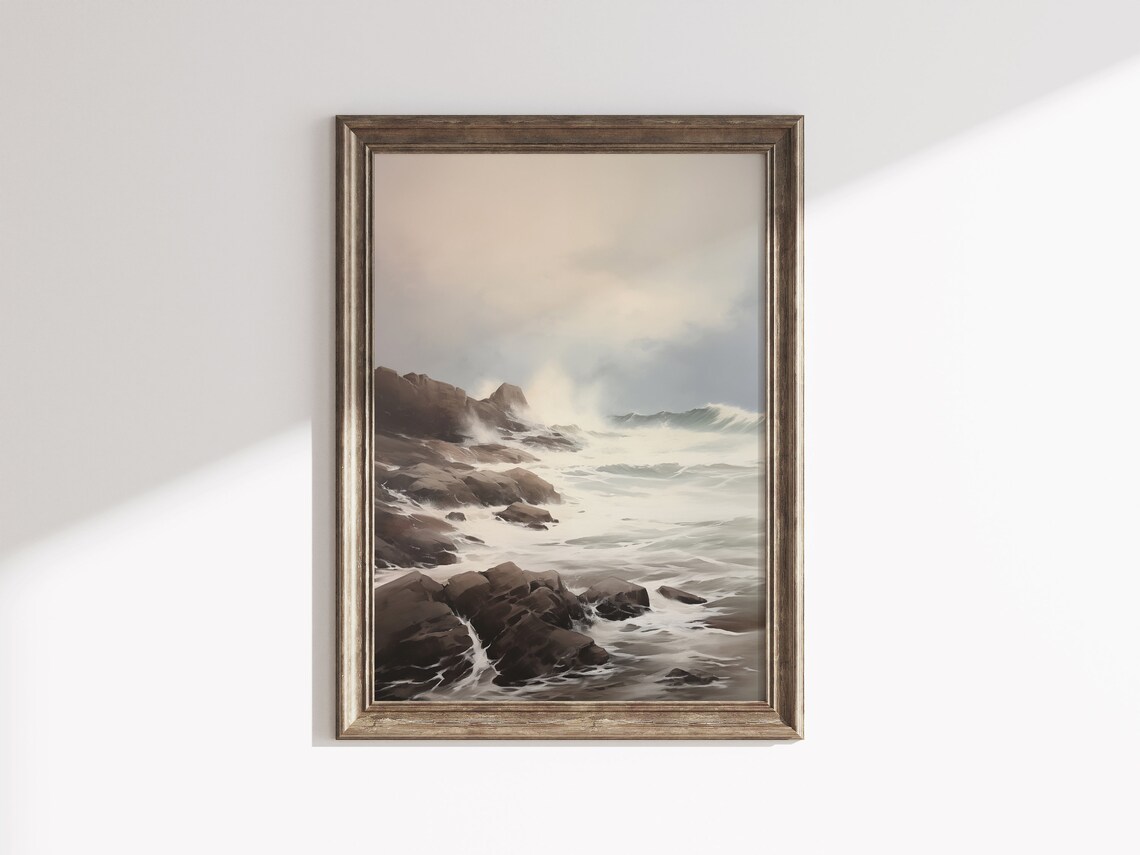 Vintage Coastal Print Ocean Wall Art Beach Print Dark Summer Print Oil Painting Vintage Art Dark Coastal Landscape Painting - Image 3