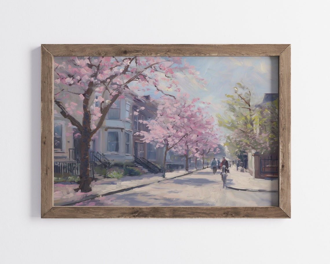 Cherry Blossom Street with Townhouses in Bright Spring City Poster - Image 2