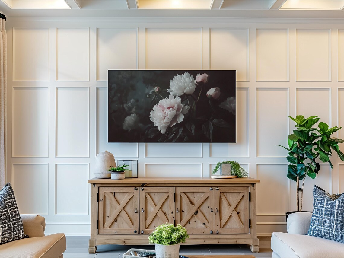 White Blush Peonies On Dark Background Moody Floral Still Life Oil Poster - Image 3