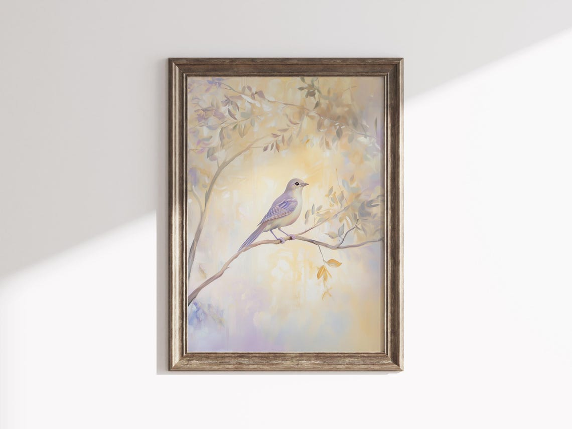 Blue Songbird on Flowering Branch Pastel Watercolor Spring Bird Poster - Image 3