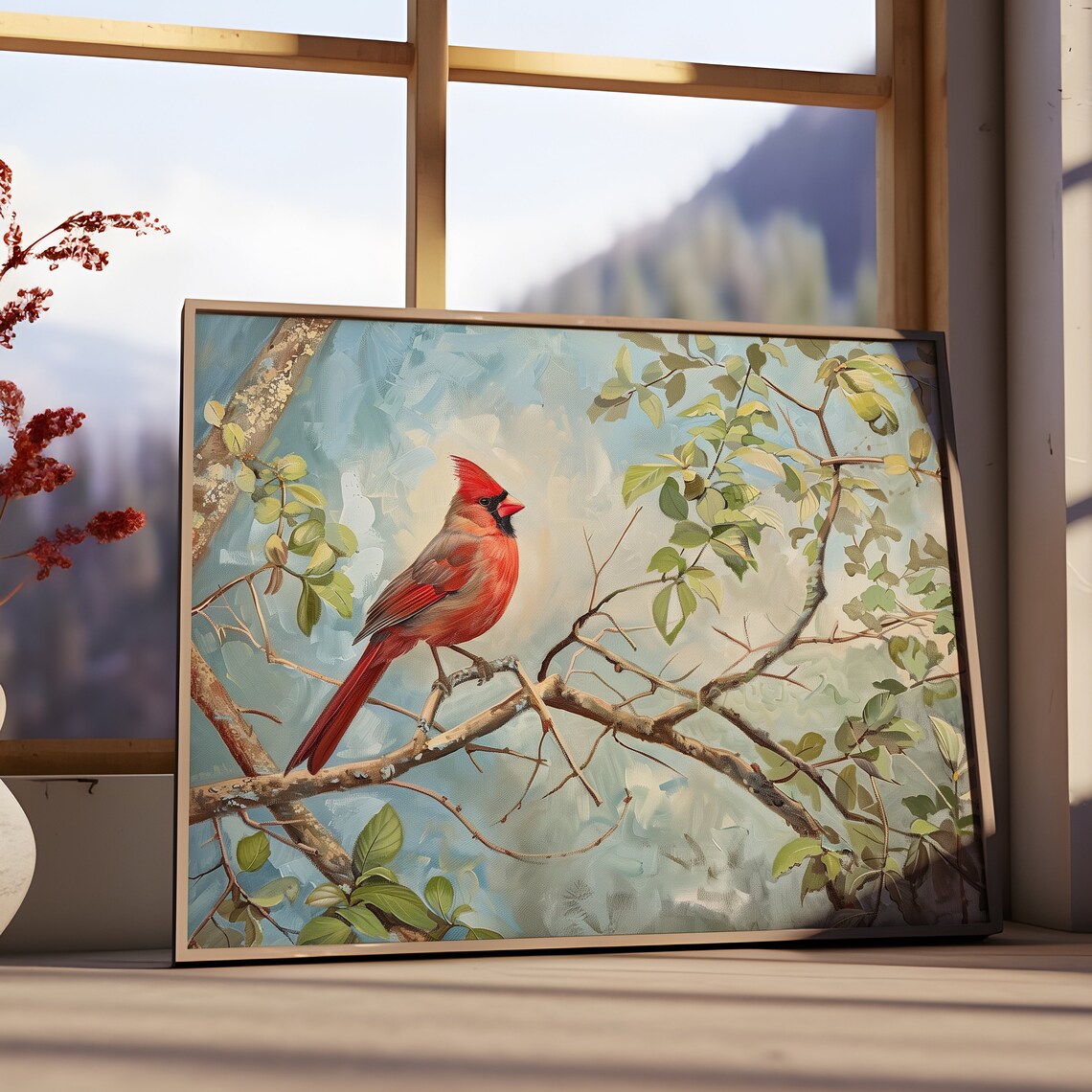 Red Cardinal Bird On Branch Against Blue Sky Spring Nature Oil Painting Poster - Image 2