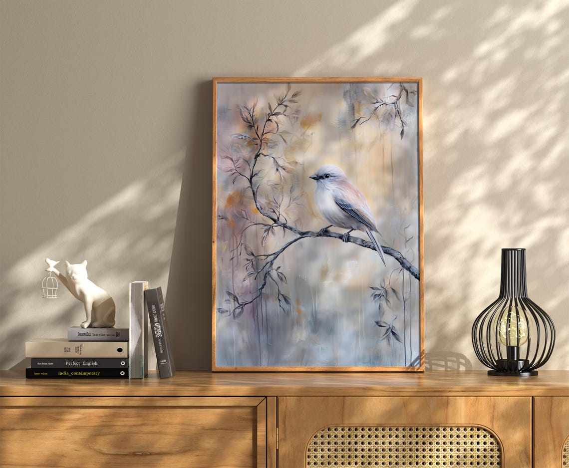 Pale Songbird on a Branch Dreamy Pastel Bird Painting Wall Art - Image 3