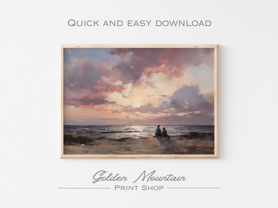 Romantic Sunset On Beach With Two Silhouettes Under Pink Sky Poster - Image 2
