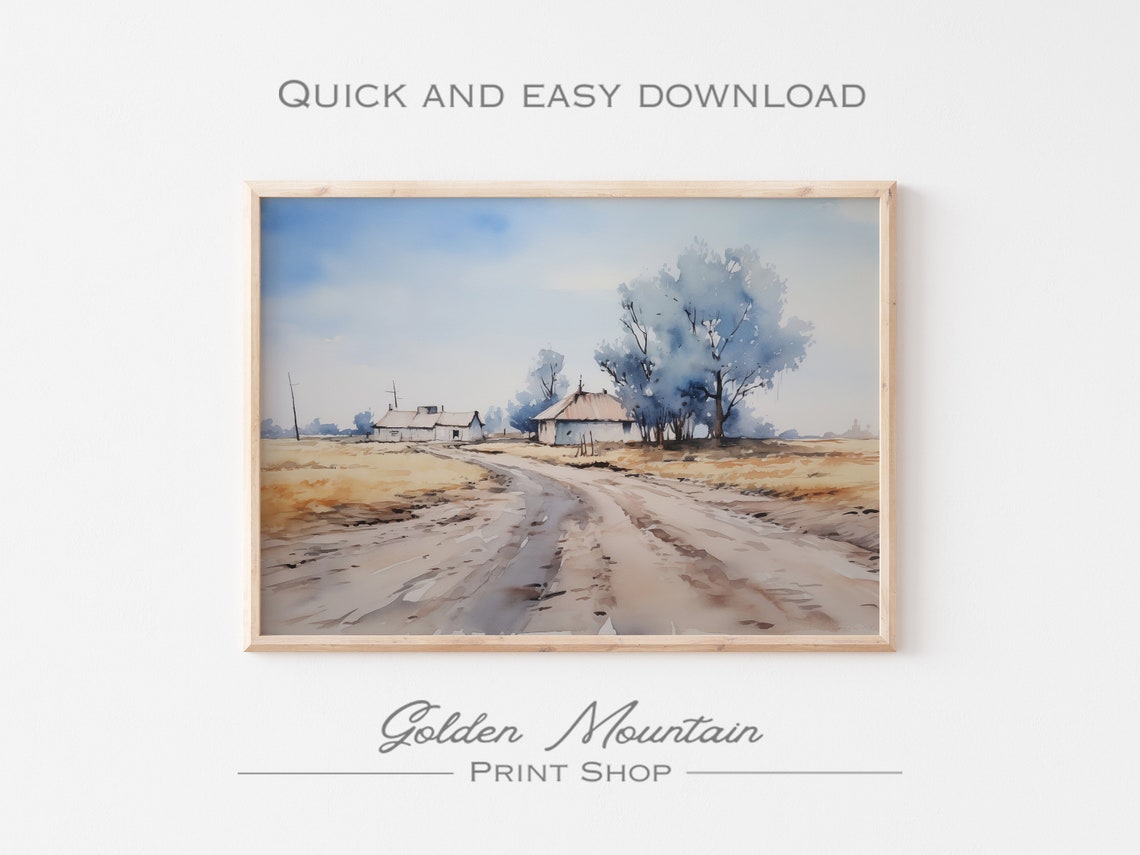 Watercolor Countryside Farmhouse Lane Golden Fields Country Print - Image 3