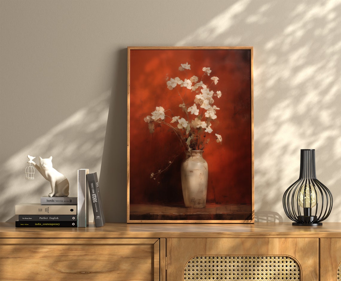 White And Red Moody Flower Oil Painting Vintage Floral Wall Art Antique Dark Art Print Farmhouse Wall Art Botanical Print - Image 3