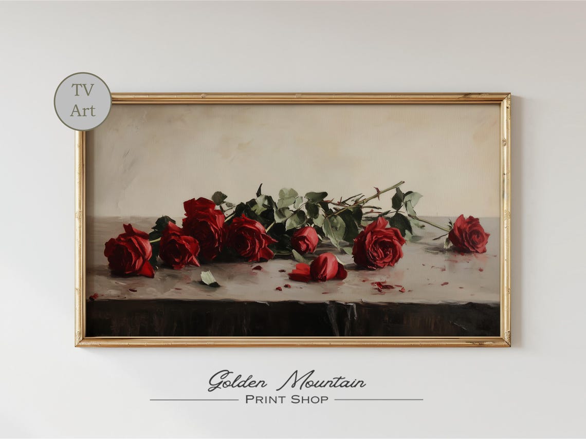 Red Roses Dark Table Elegant Floral Still Life Painting Poster - Image 2