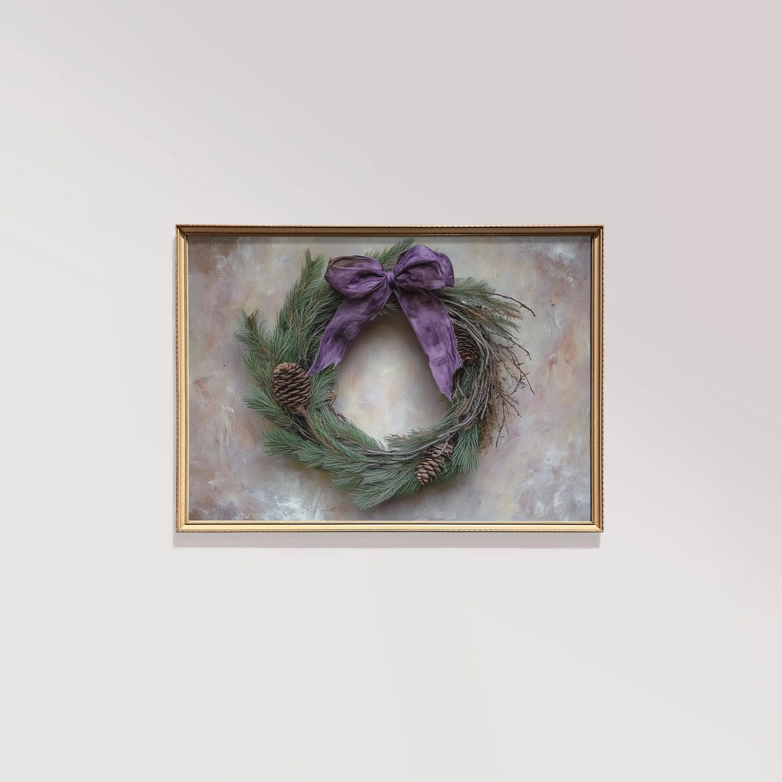 Rustic Pine Wreath Purple Bow Pinecones Vintage Christmas Poster - Image 2
