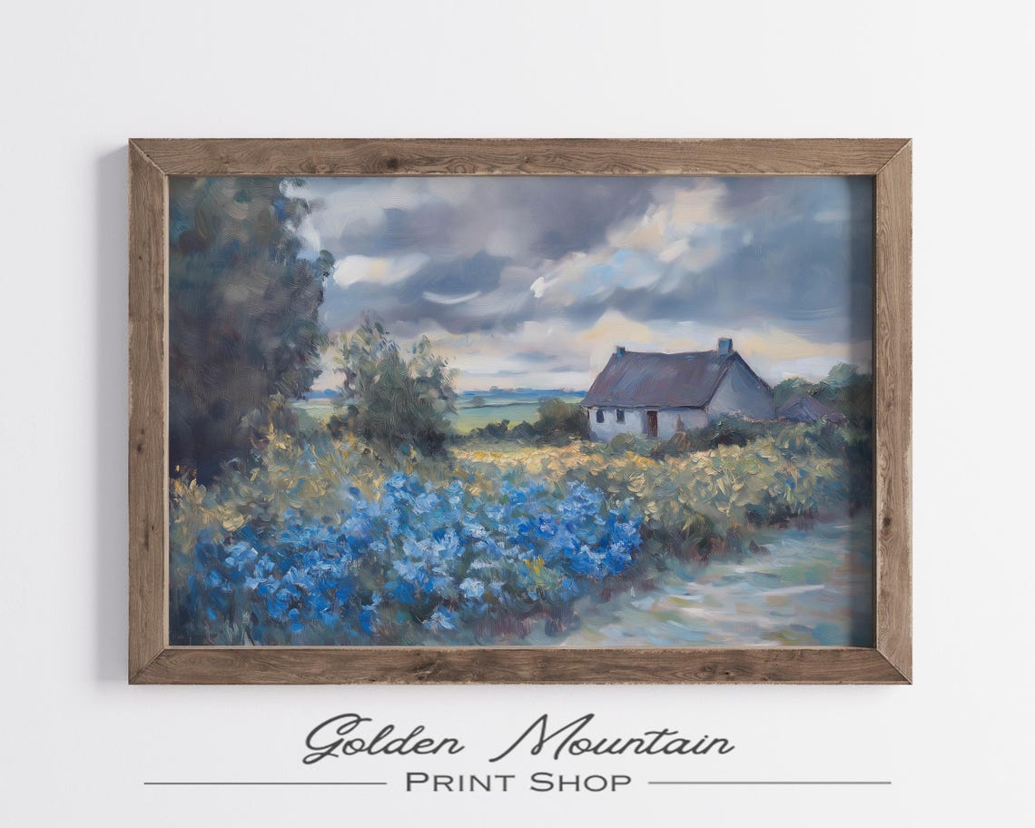 Stone Cottage Blue Wildflower Meadow Moody Coastal Oil Poster - Image 3