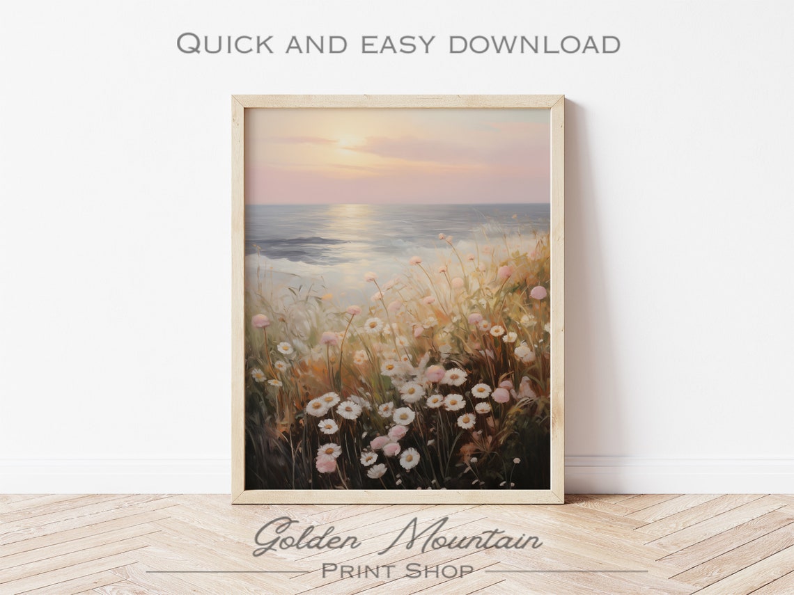 Pink Ocean Sunset With Daisy Wildflower Meadow In Foreground Poster - Image 2