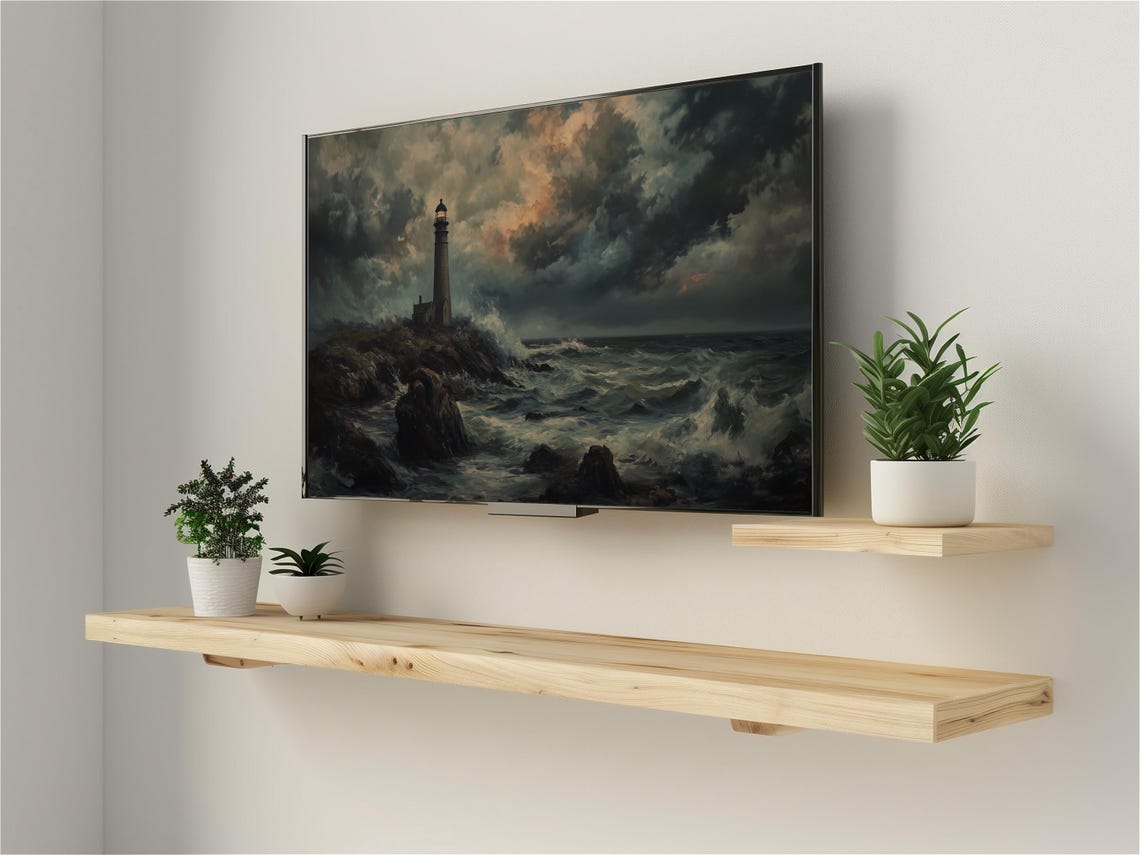 Stormy Lighthouse on Rocky Coast Dark Moody Seascape Oil Poster - Image 2