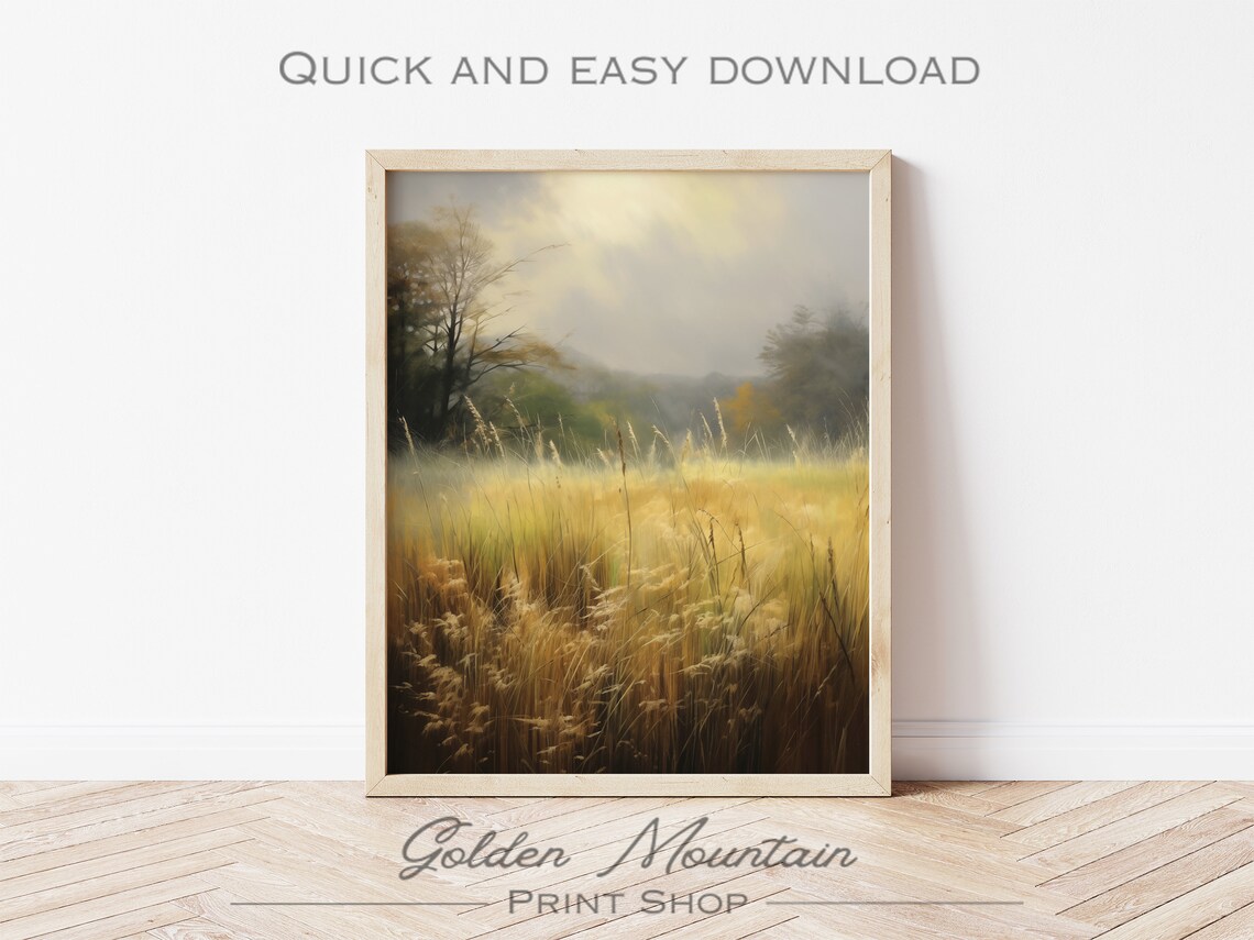 Green Wildflower Field Landscape Art Print, Farmhouse - Image 3