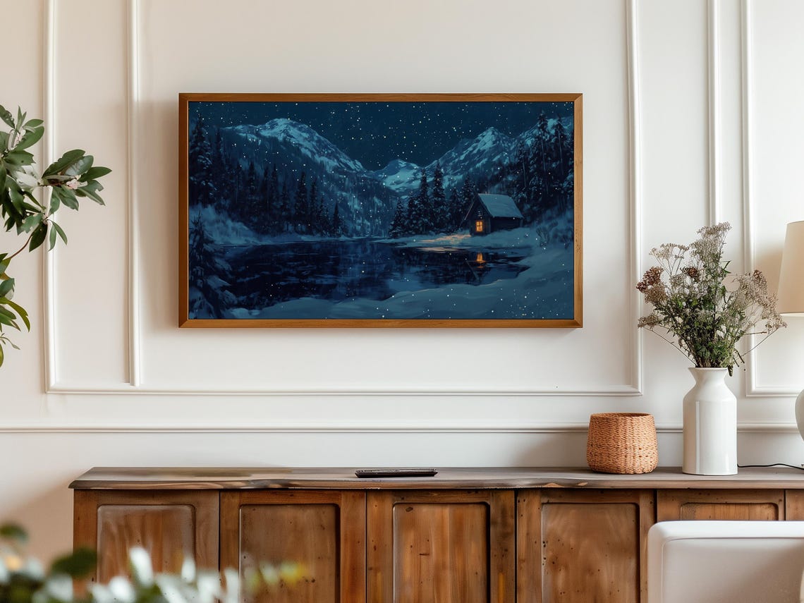 Snowy Cabin on Frozen Lake Winter Night Mountains TV Wall Art - Image 3
