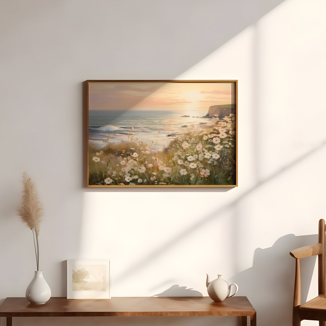 Farmhouse Summer Sunset Wall Art Cottagecore Sea Sunrise Flower Print Vintage Floral Beach Print Wildflower Field Painting - Image 2