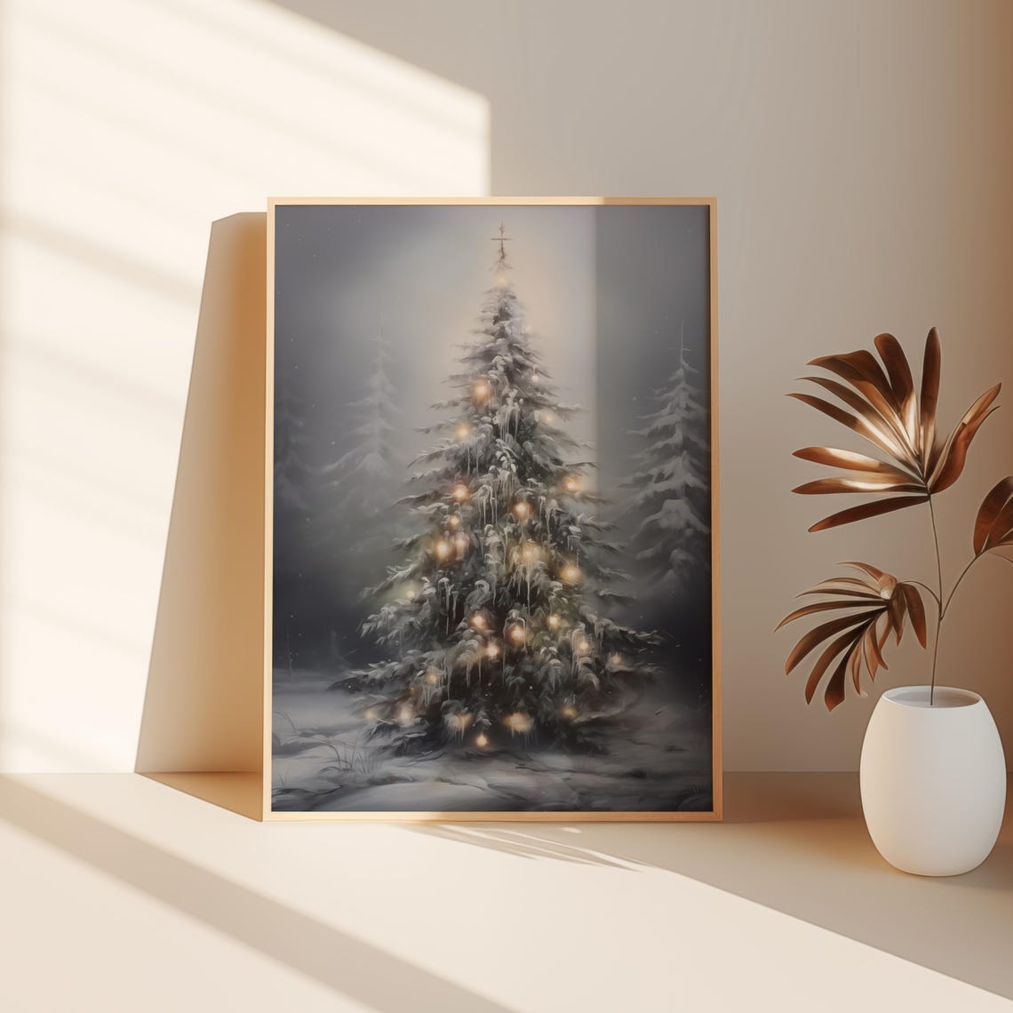 Snowy Christmas Tree Warm Lights Glowing Icy Winter Night Poster - Image 3
