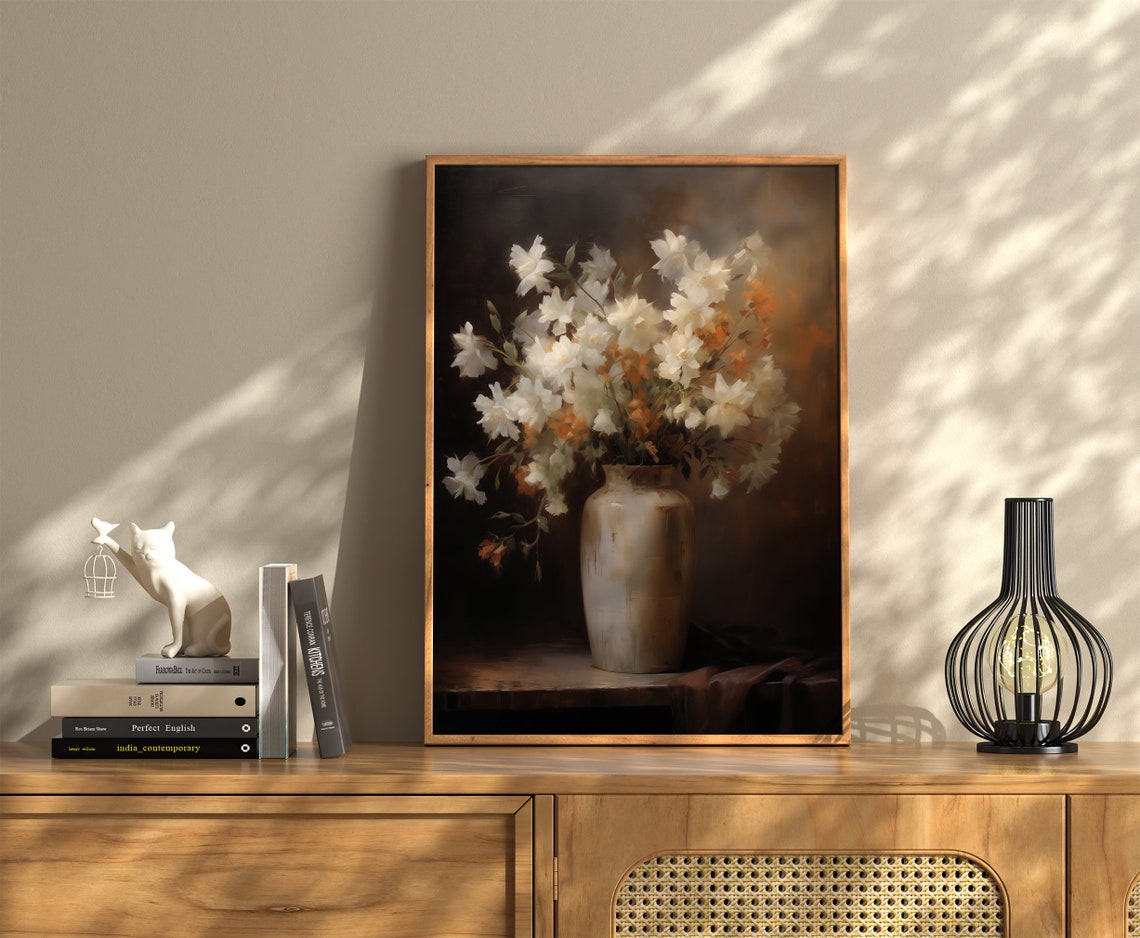 White and Orange Blossoms Ceramic Vase Dark Moody Still Life Print - Image 3