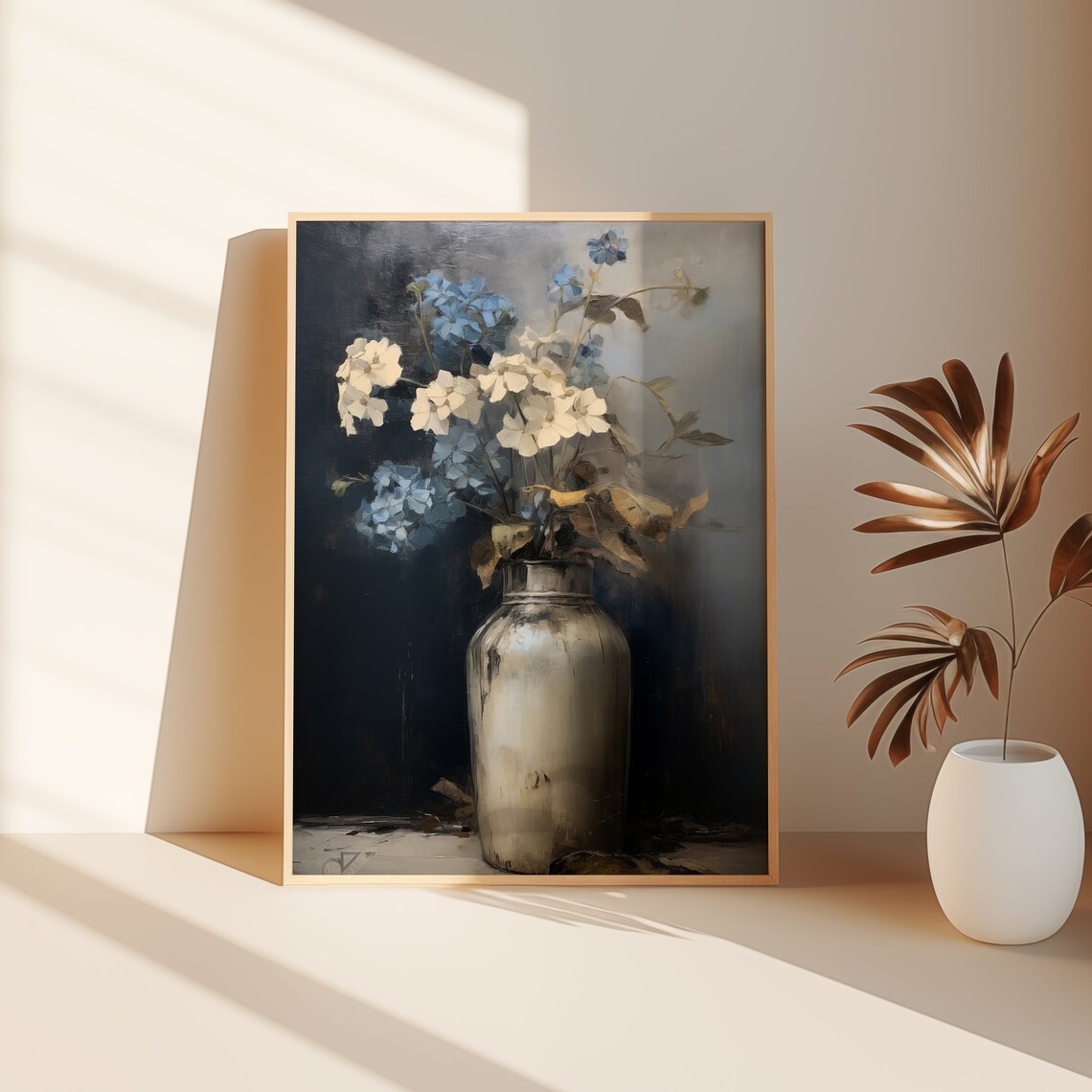 Moody Blue Flower Print, Dark Floral Oil Painting - Image 2