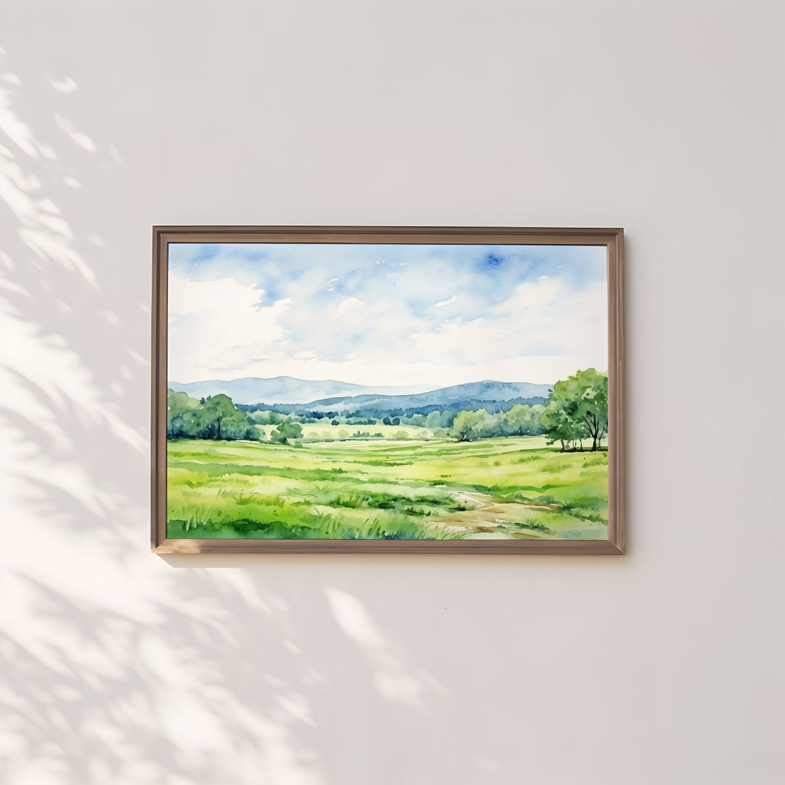Watercolor Green Meadow Valley Blue Mountains Spring Landscape Poster - Image 2